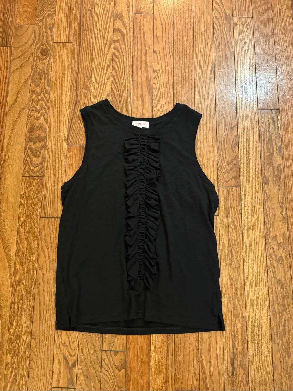 Goldie Le Winter Black Ruffle-Front Sleeveless Tank